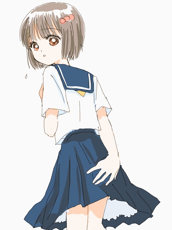 oda shuuki, original, 1girl, blue skirt, brown eyes, brown hair, hair ornament, looking at viewer, looking back, pleated skirt, sailor collar, school uniform, serafuku, shirt, short hair, short sleeves, skirt, solo, standing, white shirt