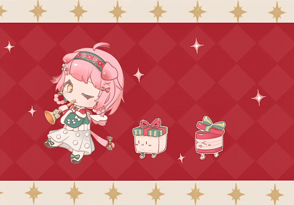 goldenglow (arknights), goldenglow (maiden for the bright night) (arknights), arknights, animated, animated gif, chinese commentary, commentary request, 1girl, ahoge, animal ears, argyle background, argyle clothes, argyle hairband, backpack, bag, blinking, border, bow, braid, braided hair rings, brown bag, brown shoes, cat ears, cat girl, cat tail, chibi, christmas, detached sleeves, expressive hair, fake wings, floppy ears, footwear bow, fox39367, fur-trimmed shirt, fur-trimmed sleeves, fur trim, gift, green bow, green hairband, green sleeves, green vest, hair bow, hair ornament, hair rings, hairband, hairclip, holding, holding instrument, holding trumpet, instrument, layered sleeves, leg up, letterboxed, long skirt, long sleeves, multiple hair bows, music, official alternate costume, one eye closed, pantyhose, pink hair, playing instrument, pleated skirt, pom pom (clothes), red background, red bow, red shirt, shirt, shoes, short hair, single stripe, skirt, sleeve bow, sparkle, striped bow, tail, tail bow, tail ornament, trumpet, vest, walking, white border, white bow, white pantyhose, white skirt, white wings, wings, x hair ornament
