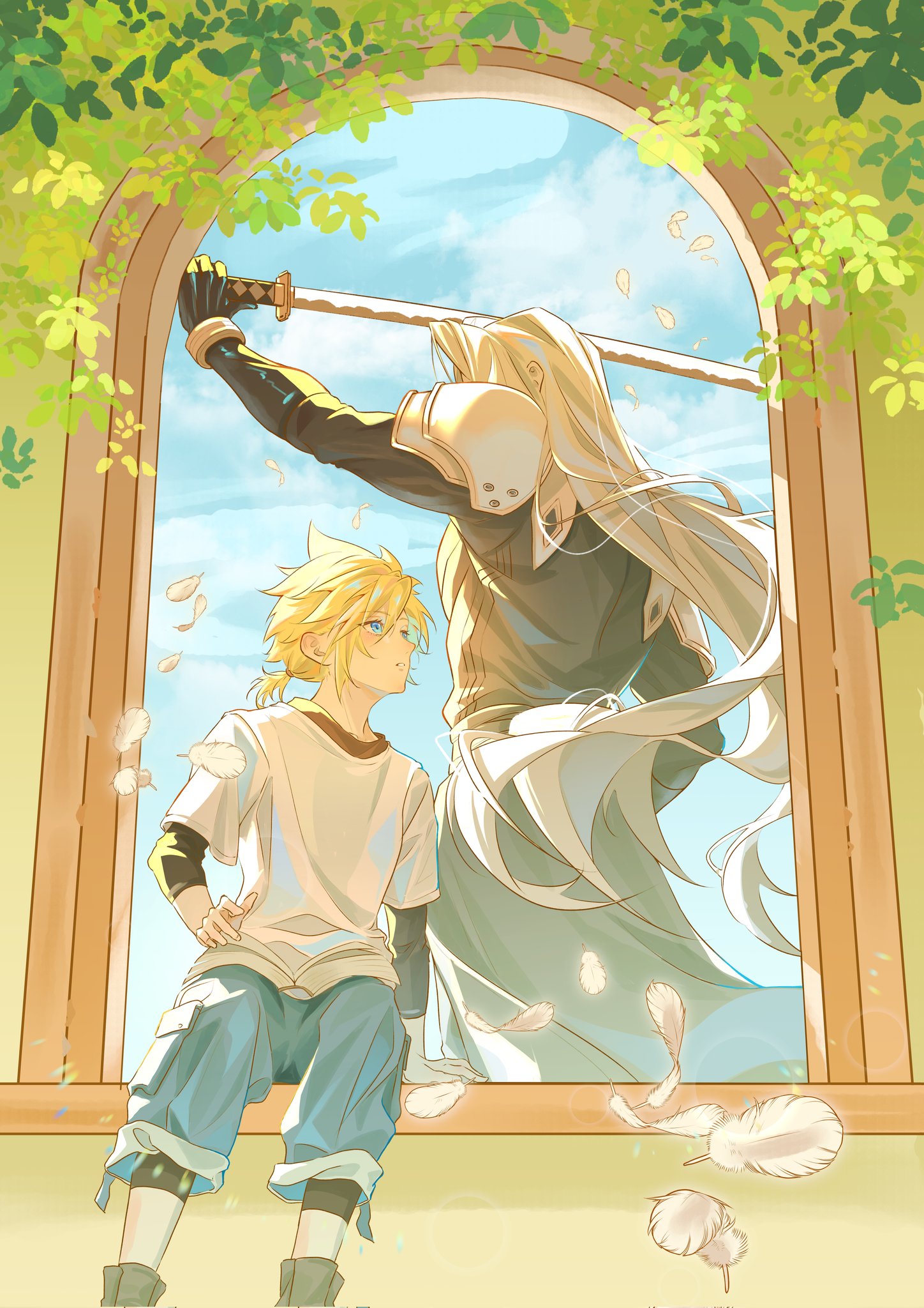 npicy, cloud strife, sephiroth, final fantasy, final fantasy vii, commentary, english commentary, highres, 2boys, arm up, armor, black coat, blonde hair, blue eyes, blue pants, boots, cloud, coat, crew neck, holding, holding sword, holding weapon, katana, layered clothes, layered sleeves, leaf, long hair, long sleeves, looking at another, male focus, masamune (ff7), multiple boys, pants, parted lips, pauldrons, plant, shirt, short over long sleeves, short sleeves, shoulder armor, sitting, sky, standing, sword, very long hair, weapon, white hair, white shirt, windowsill