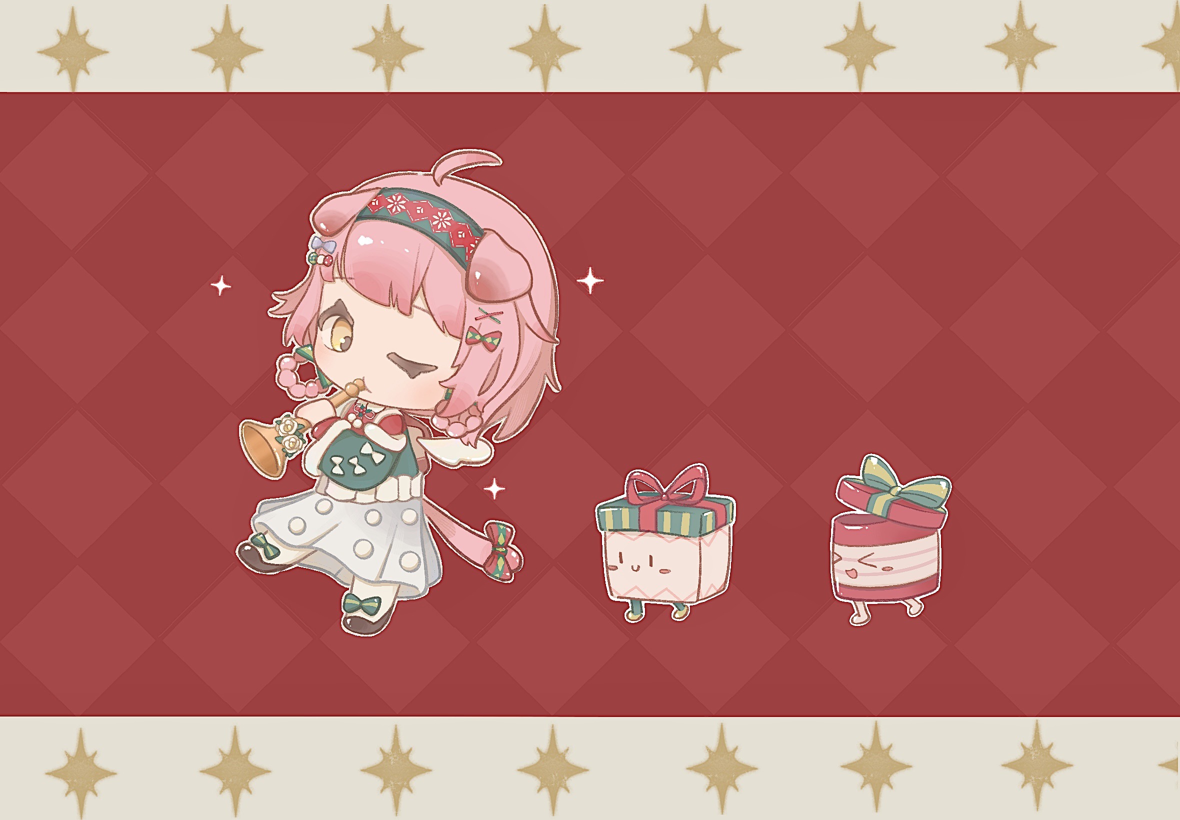 goldenglow (arknights), goldenglow (maiden for the bright night) (arknights), arknights, chinese commentary, commentary request, highres, 1girl, ahoge, animal ears, argyle background, argyle clothes, argyle hairband, backpack, bag, border, bow, braid, braided hair rings, brown bag, brown shoes, cat ears, cat girl, cat tail, chibi, christmas, detached sleeves, expressive hair, fake wings, floppy ears, footwear bow, fox39367, fur-trimmed shirt, fur-trimmed sleeves, fur trim, gift, green bow, green hairband, green sleeves, green vest, hair bow, hair ornament, hair rings, hairband, hairclip, holding, holding instrument, holding trumpet, instrument, layered sleeves, leg up, letterboxed, long skirt, long sleeves, multiple hair bows, music, official alternate costume, one eye closed, outline, pantyhose, pink hair, playing instrument, pleated skirt, pom pom (clothes), red background, red bow, red shirt, shirt, shoes, short hair, single stripe, skirt, sleeve bow, sparkle, striped bow, tail, tail bow, tail ornament, trumpet, vest, walking, white border, white bow, white outline, white pantyhose, white skirt, white wings, wings, x hair ornament