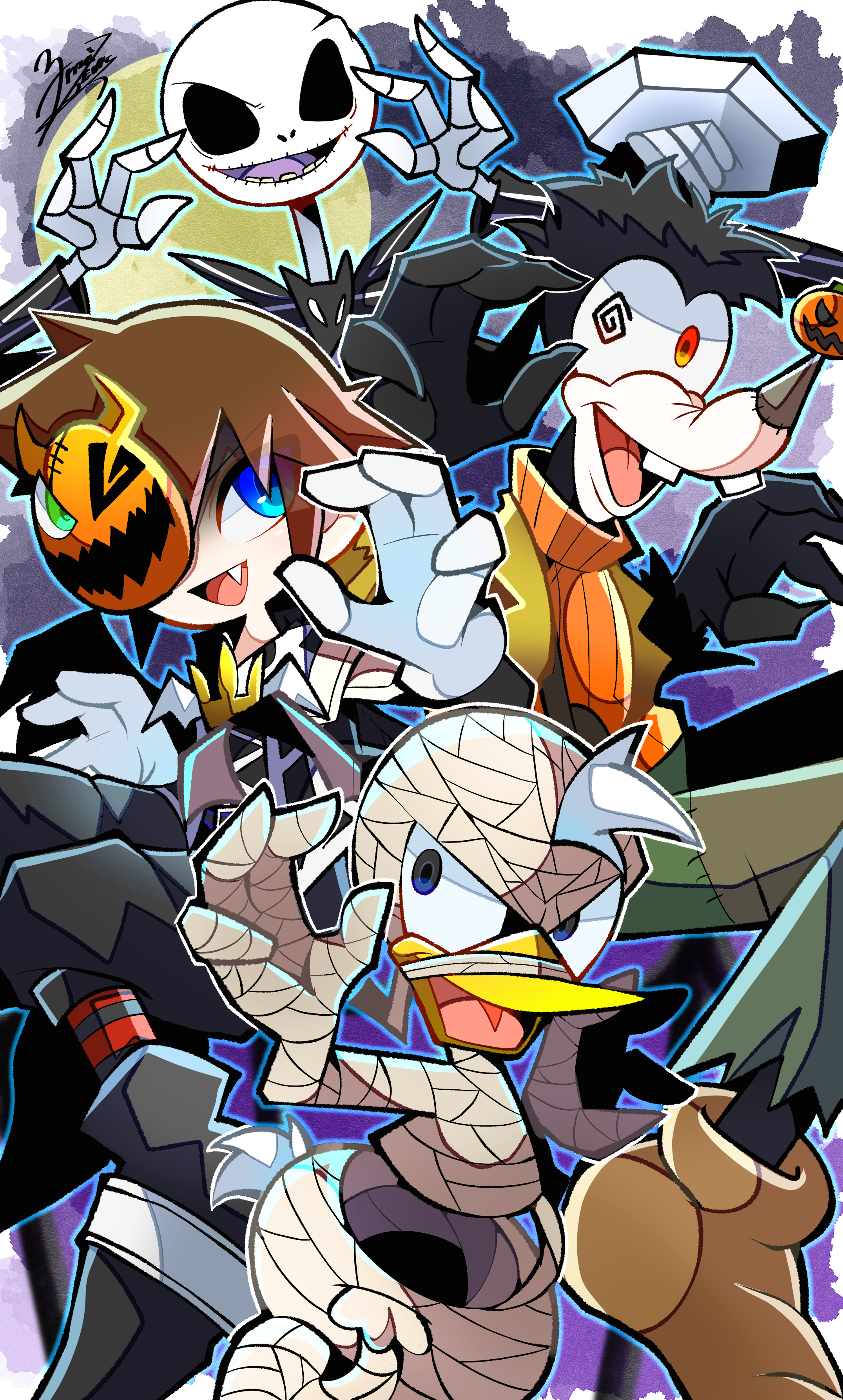 yuyu maybe, donald duck, goofy, jack skellington, sora (kingdom hearts), kingdom hearts, the nightmare before christmas, absurdres, highres, 4boys, formal clothes, jacket, long sleeves, looking at viewer, male focus, multiple boys, open mouth, pinstripe pattern, pinstripe suit, short hair, skeleton, smile, stitches, striped clothes, suit