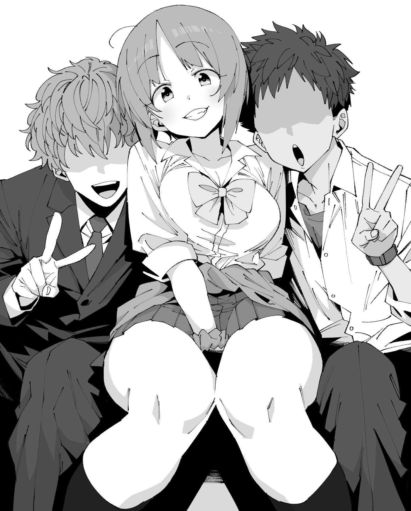 henyaan (oreizm), nishizumi miho, girls und panzer, commentary request, highres, 1girl, 2boys, black skirt, bow, bowtie, breasts, clenched teeth, collared shirt, faceless, faceless male, greyscale, gyaru, large breasts, looking at viewer, monochrome, multiple boys, out of character, pleated skirt, school uniform, scrunchie, shirt, short hair, simple background, sitting, skirt, solo, teeth, white background, wrist scrunchie