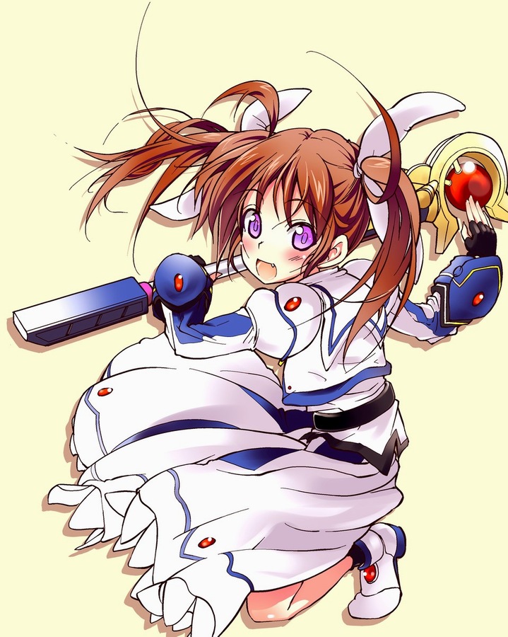 boshi (a-ieba), boshinote, raising heart, raising heart (device mode) (1st), takamachi nanoha, takamachi nanoha (movie 1st mode), lyrical nanoha, mahou shoujo lyrical nanoha, mahou shoujo lyrical nanoha the movie 1st, bad id, bad pixiv id, 10s, 1girl, brown hair, fang, female focus, hair ribbon, pink eyes, ribbon, solo