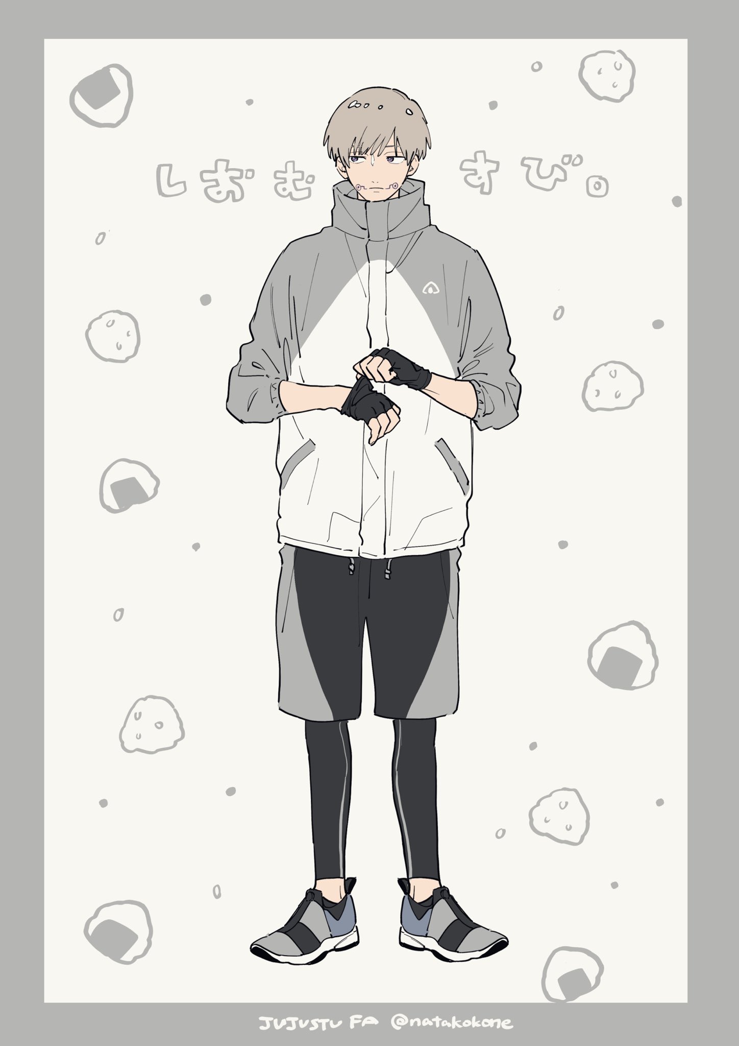 nata kokone, inumaki toge, jujutsu kaisen, commentary, highres, symbol-only commentary, translation request, 1boy, adjusting clothes, adjusting gloves, black gloves, border, bright pupils, closed mouth, copyright name, facial tattoo, facing viewer, fingerless gloves, food, full body, gloves, grey border, grey eyes, grey hair, high collar, jacket, male focus, onigiri, short hair, shorts, solo, standing, tattoo, three-quarter sleeves, twitter username, white pupils