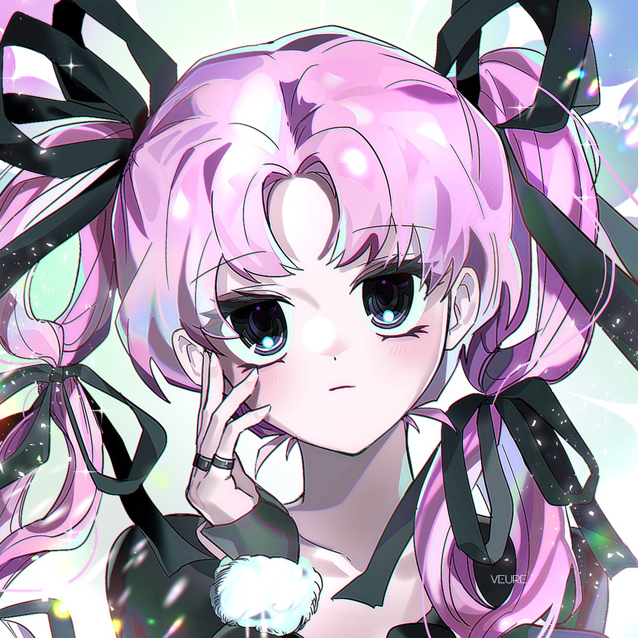mxhxkxcx, sakamoto days, highres, 1girl, atari (sakamoto days), black eyes, black ribbon, blush, bow, closed mouth, eyelashes, hair bow, jewelry, light particles, long hair, looking at viewer, multiple hair bows, multiple rings, pink hair, quad tails, ribbon, ring, solo, twintails