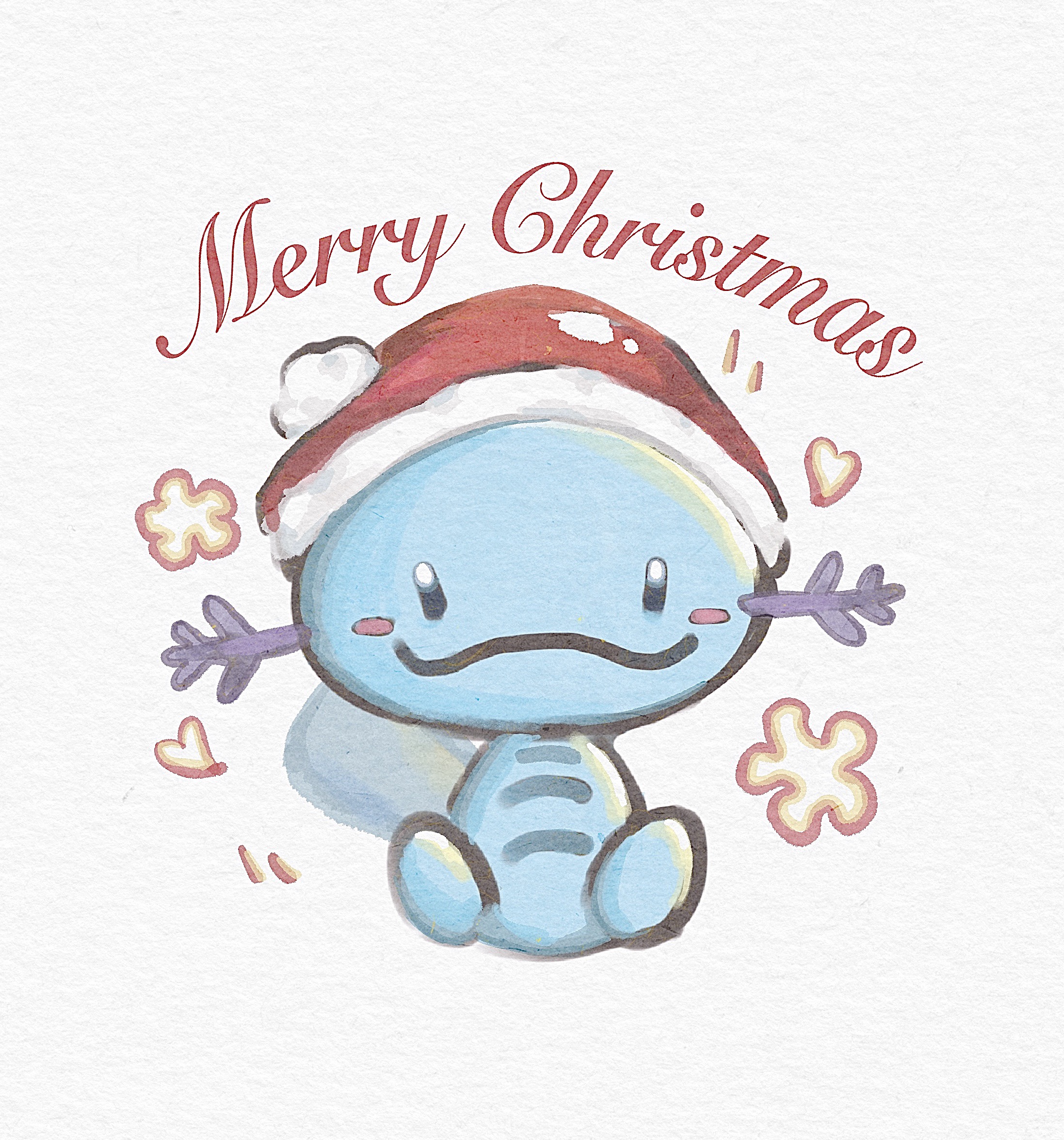 nintendo, pokemon, character request, chinese commentary, commentary request, highres, :3, black eyes, blush stickers, christmas, closed mouth, creature, creature focus, english text, flower, fox39367, fur-trimmed headwear, fur trim, happy, hat, heart, merry christmas, motion lines, no humans, notice lines, pokemon (creature), pom pom (clothes), red hat, santa hat, simple background, sitting, smile, solid oval eyes, solo, white background