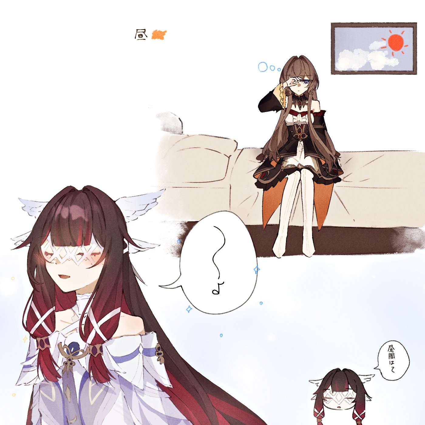 columbina (genshin impact), sandrone (genshin impact), genshin impact, highres, 2girls, bare shoulders, black dress, black hair, blue eyes, brown hair, closed eyes, detached sleeves, dress, eye mask, feathered wings, head wings, long hair, multicolored hair, multiple girls, on bed, pink hair, shiroino (nmgn4745), sitting, white dress, white wings, wings