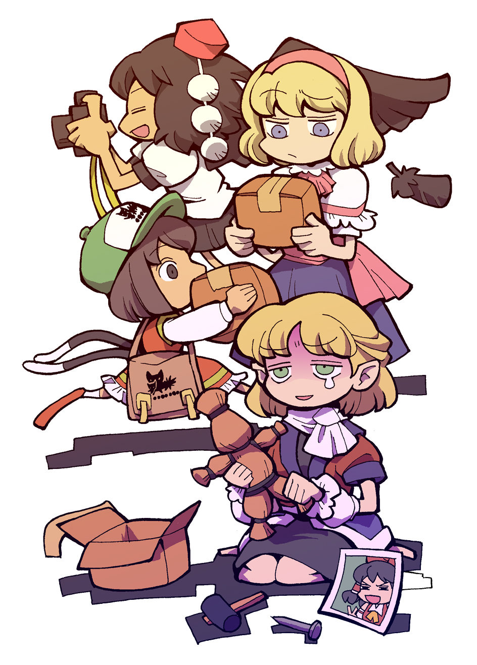 hounori, alice margatroid, chen, hakurei reimu, mizuhashi parsee, shameimaru aya, touhou, highres, 4girls, black wings, blue eyes, box, camera, cardboard box, cat tail, doll, female focus, green eyes, hairband, hammer, hat, multiple girls, multiple tails, nail (hardware), photo (object), straw doll, tail, tears, v, voodoo doll, wings