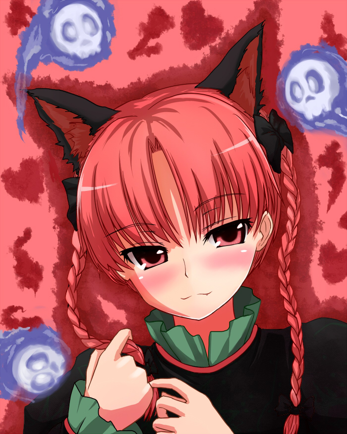 negija, kaenbyou rin, touhou, 1girl, :3, animal ears, blush, braid, cat ears, cat girl, fang, female focus, red eyes, red hair, short hair, skull, smile, solo, twin braids