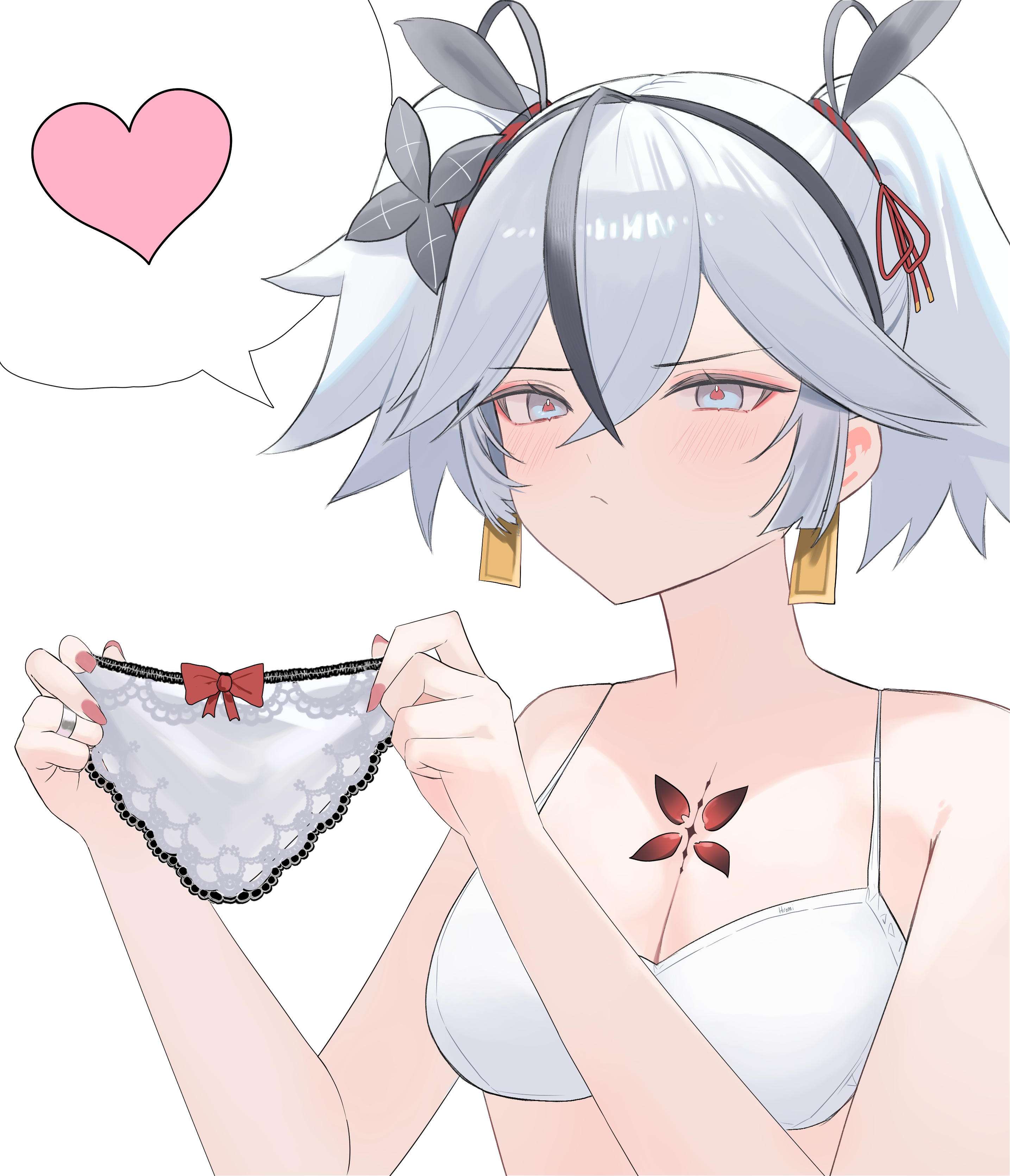 hiromi two, camellya (wuthering waves), wuthering waves, absurdres, commentary, highres, symbol-only commentary, 1girl, bare shoulders, black flower, blake bloom (wuthering waves), blush, bra, breasts, cleavage, closed mouth, earrings, flower, gold earrings, grey eyes, hair between eyes, hair flower, hair ornament, heart, holding, holding panties, holding underwear, holding unworn clothes, jewelry, looking at viewer, medium breasts, panties, red pupils, short hair, simple background, solo, spoken heart, tacet mark (wuthering waves), underwear, upper body, white background, white bra, white panties