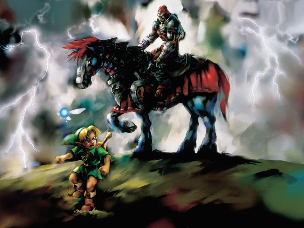 ganondorf, link, navi, young link, nintendo, the legend of zelda, the legend of zelda: ocarina of time, 2boys, fairy, horse, lightning, male focus, multiple boys, pointy ears, sword, weapon