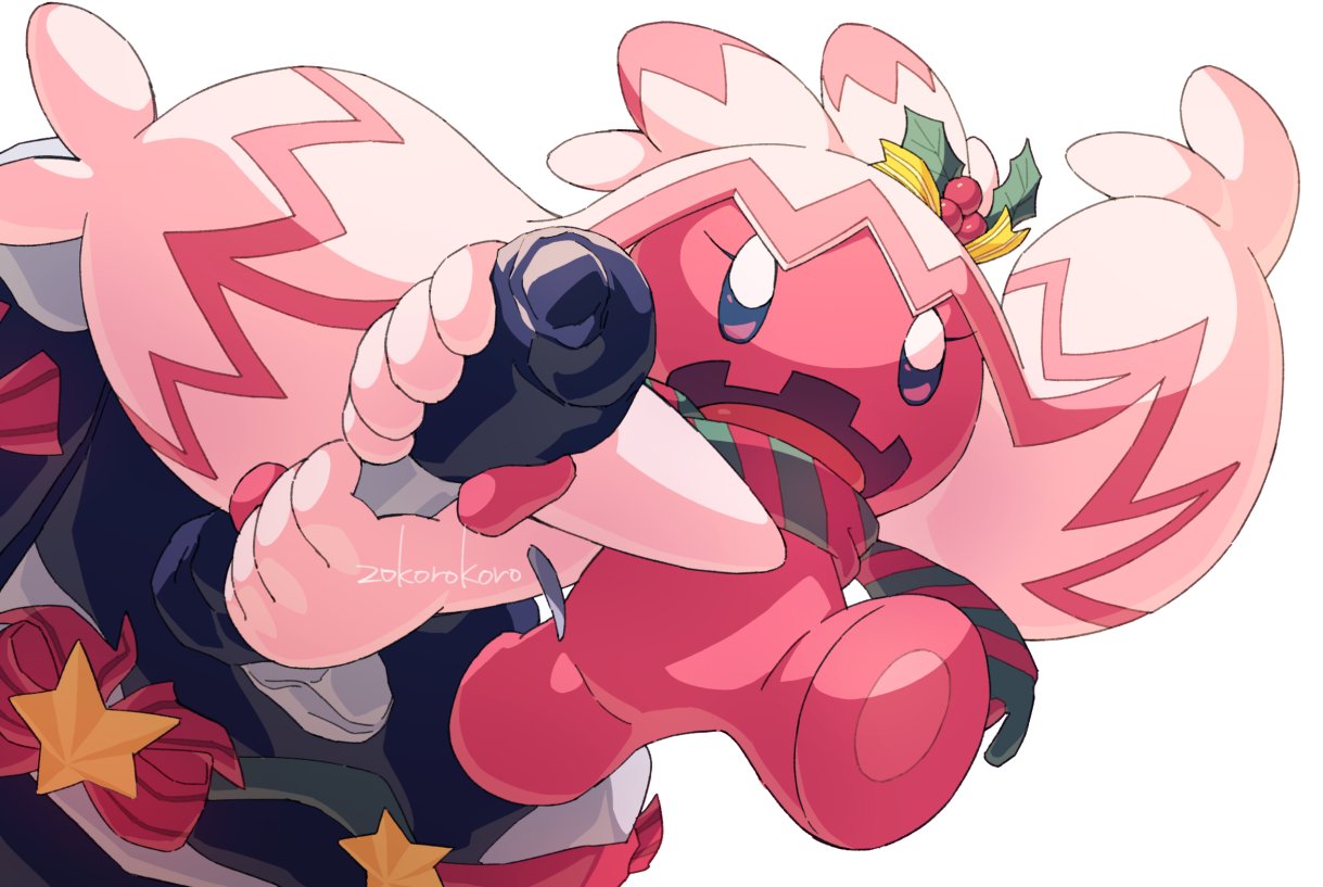 korosliszt, tinkaton, nintendo, pokemon, arms up, colored skin, full body, hair ornament, hammer, holding, holding hammer, holly hair ornament, open mouth, pink skin, pokemon (creature), pokemon focus, scarf, simple background, star (symbol), striped clothes, striped scarf, twitter username, white background