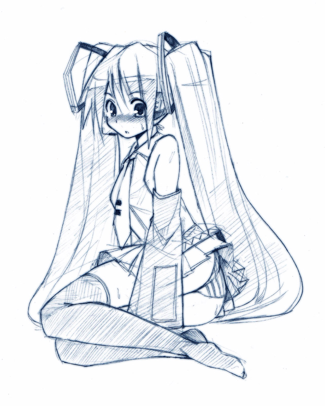seo tatsuya, hatsune miku, vocaloid, 1girl, blue theme, blush, detached sleeves, female focus, long hair, monochrome, necktie, panties, pantyshot, sketch, solo, striped clothes, striped panties, thighhighs, twintails, underwear, very long hair