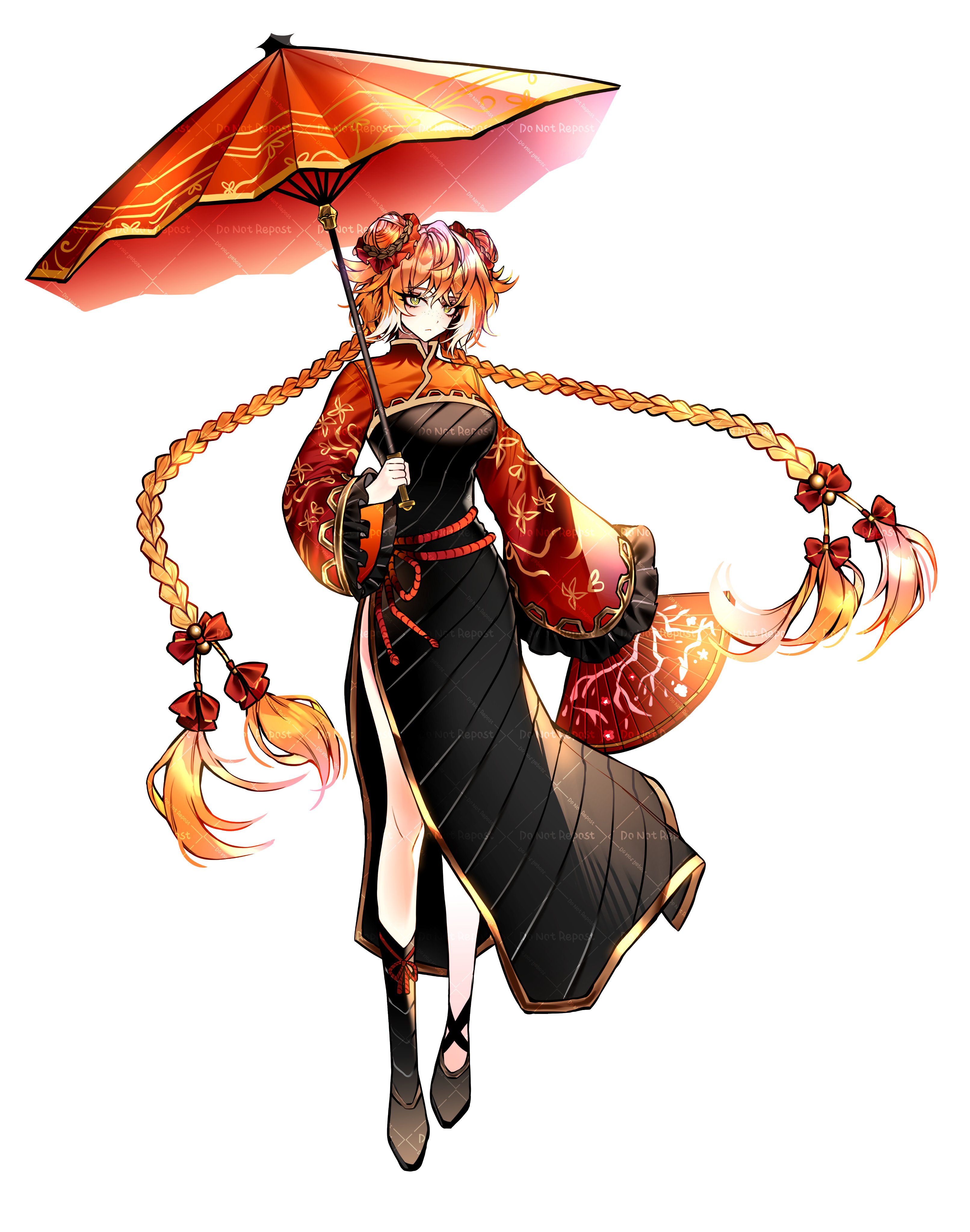 cherry oux, ishmael (project moon), limbus company, project moon, absurdres, highres, 1girl, black dress, black shoes, bow, braid, chinese clothes, double bun, dress, family hierarch candidate (identity) (project moon), freckles, full body, gold trim, green eyes, hair bun, hand fan, holding, holding umbrella, looking at viewer, orange hair, red bow, red shrug, red umbrella, rope belt, shoes, shrug (clothing), simple background, solo, standing, twin braids, umbrella, white background, white streaks