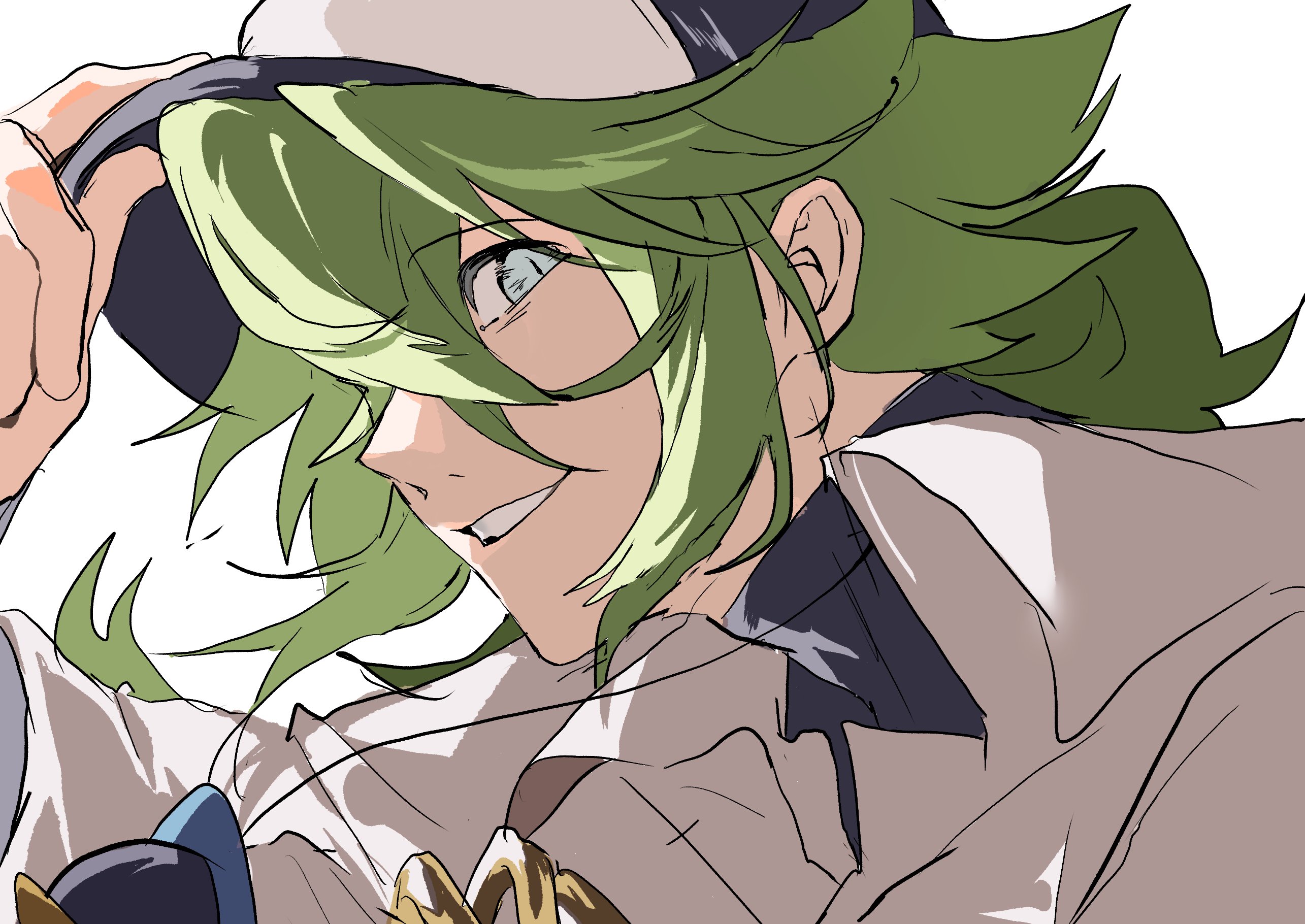 n (pokemon), nintendo, pokemon, pokemon bw, commentary, hashtag-only commentary, highres, 1boy, adjusting clothes, adjusting headwear, arm up, baseball cap, black shirt, collared shirt, green eyes, green hair, grin, hat, jewelry, long hair, looking to the side, male focus, necklace, open collar, parted hair, profile, shirt, smile, solo, teeth, upper body, white background, white shirt, wing collar, yo89689