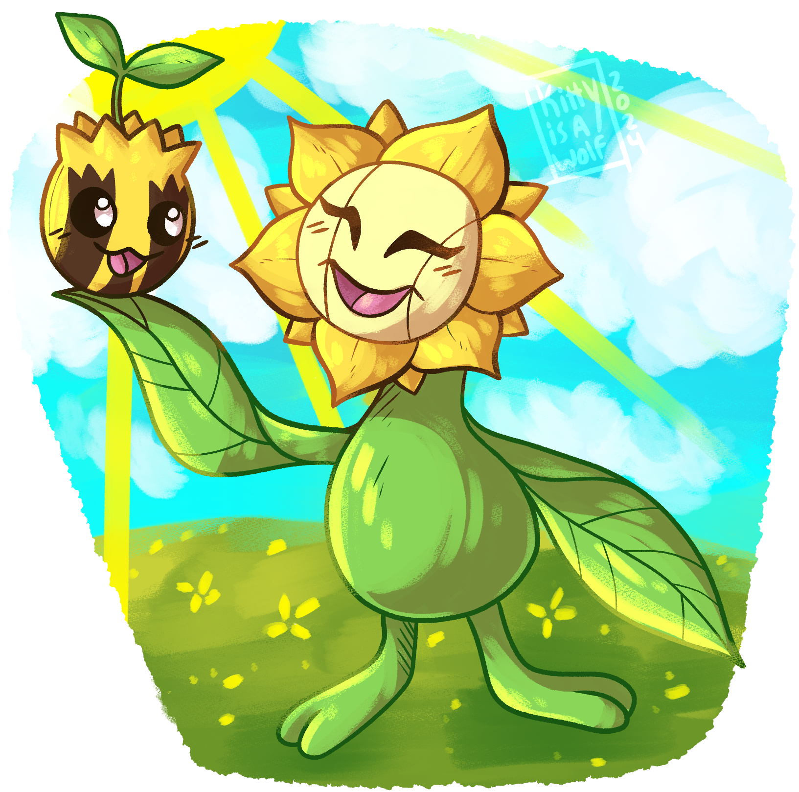sunflora, sunkern, nintendo, pokemon, highres, artist name, blue sky, closed eyes, cloud, evolutionary line, gen 2 pokemon, grass, kittyisawolf, looking at another, no humans, open mouth, pokemon (creature), sky