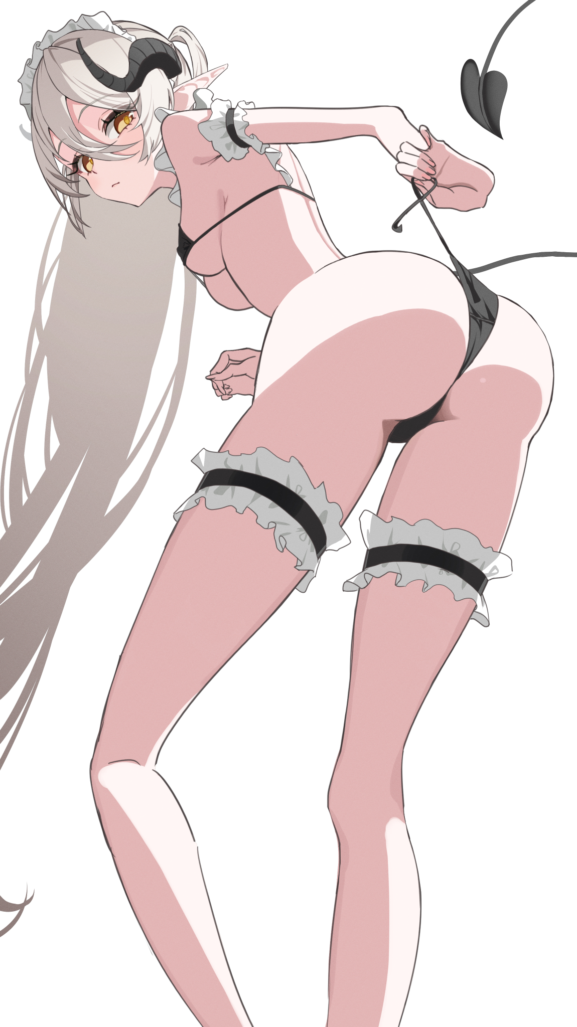 mikanagi yuri, original, commentary, highres, 1girl, arm strap, ass, bare arms, bare legs, bare shoulders, bikini, black bikini, black horns, breasts, closed mouth, feet out of frame, frilled arm strap, frilled hairband, frilled thigh strap, frills, from behind, hair between eyes, hairband, heart, heart tail, horns, leaning forward, legs, long hair, looking at viewer, maid, maid bikini, maid headdress, medium breasts, micro bikini, pointy ears, simple background, solo, standing, swimsuit, tail, thigh strap, thighhighs, unconventional maid, white background, white hair, white hairband, yellow eyes