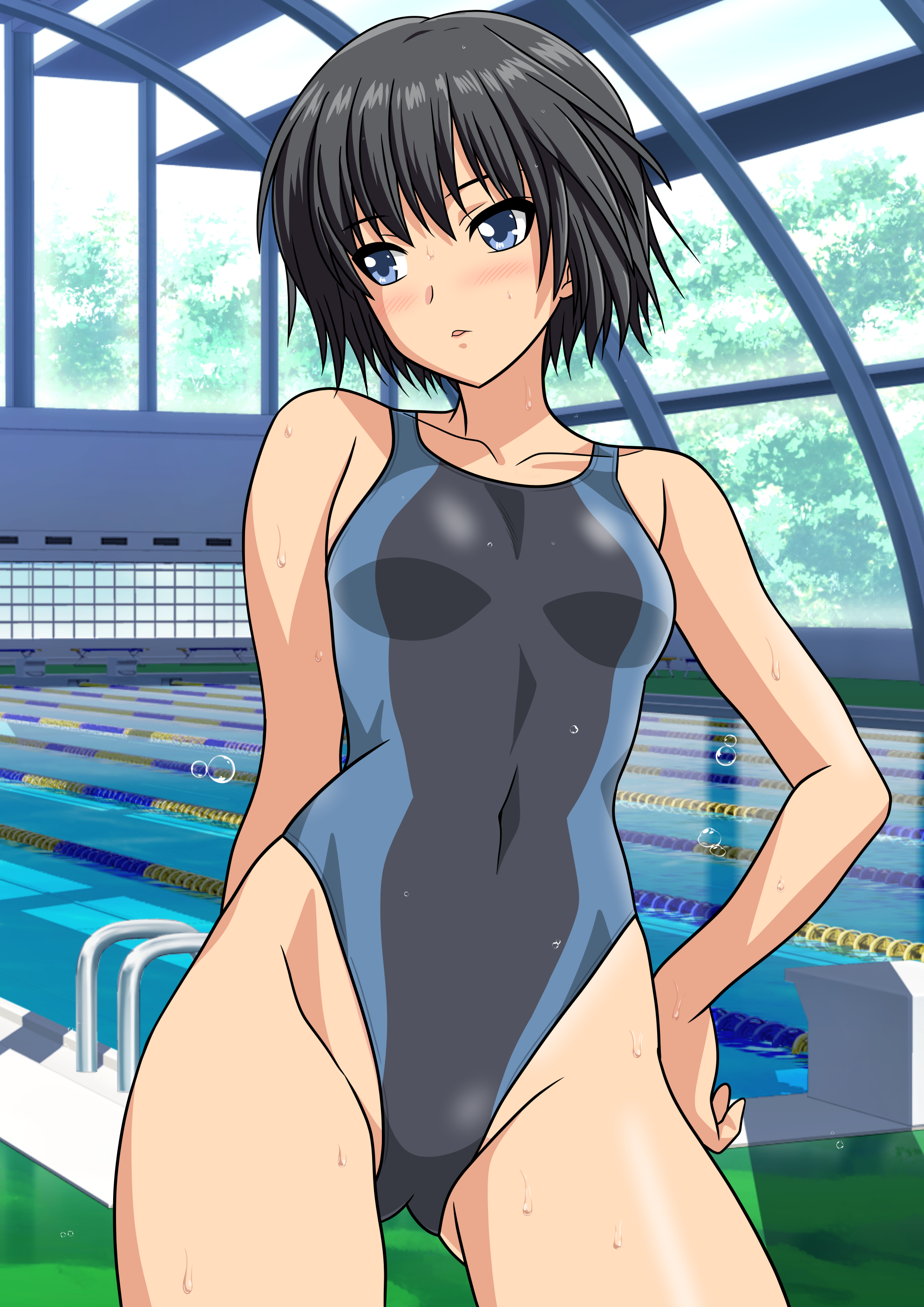 yuuyuu (3jjbn), nanasaki ai, amagami, absurdres, commentary request, highres, 1girl, black hair, black one-piece swimsuit, blue hair, bob cut, breasts, competition swimsuit, glass ceiling, gluteal fold, hand on own hip, highleg, highleg one-piece swimsuit, indoors, lane line, looking to the side, medium breasts, one-piece swimsuit, pool, short hair, solo, swimsuit, two-tone swimsuit