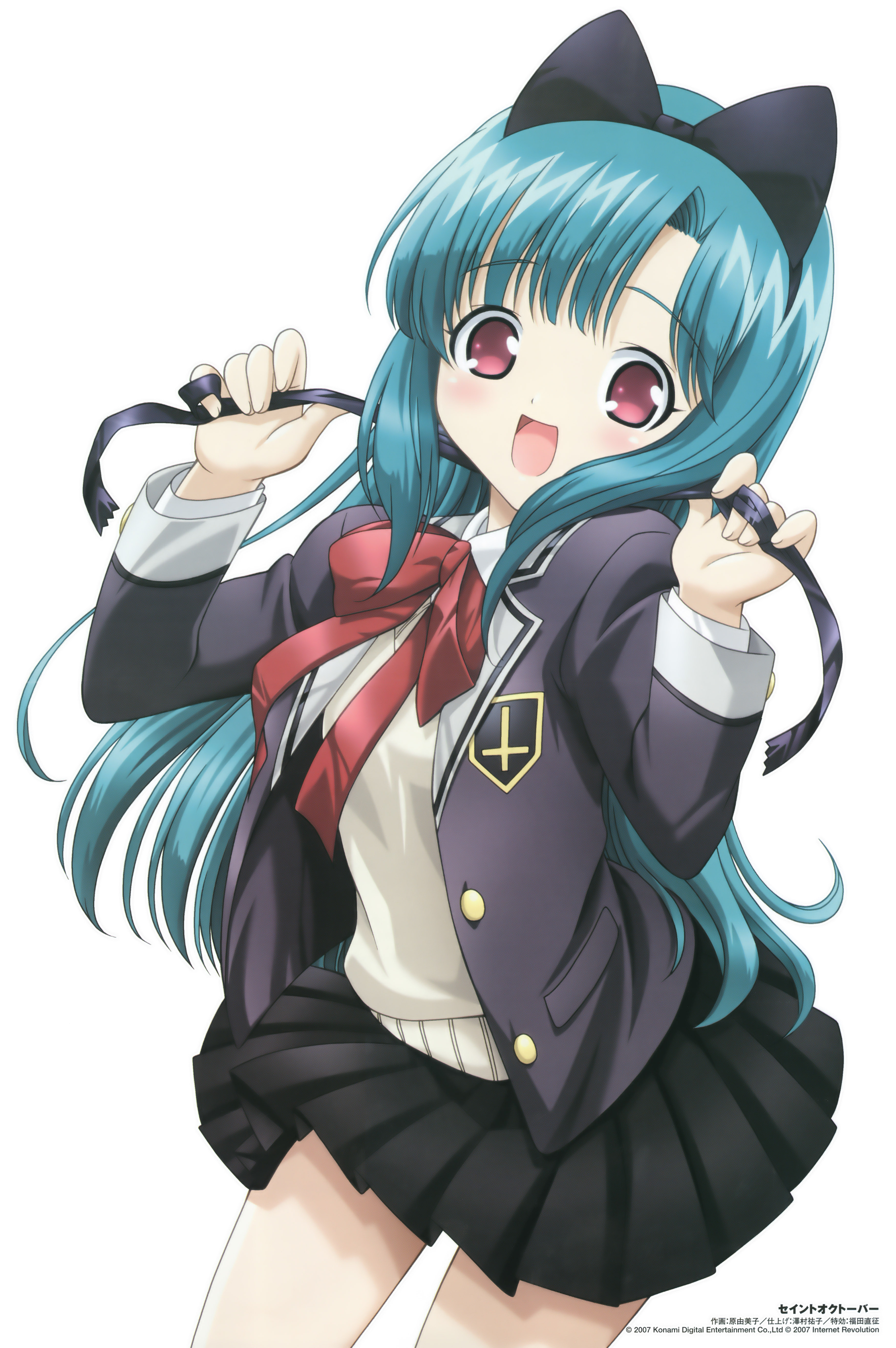 hara yumiko, hayama kotono, comp h's, saint october, absurdres, highres, official art, 00s, 1girl, aqua hair, cardigan, female focus, long hair, open mouth, pleated skirt, red eyes, ribbon, school uniform, serafuku, skirt, solo