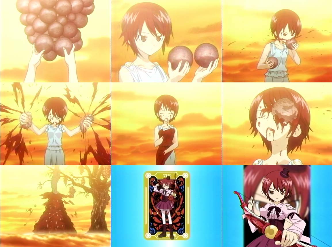 hijiri misaki, saint october, anime screenshot, 00s, 1girl, bare shoulders, brown hair, collarbone, dress, light rays, looking at viewer, orange sky, red dress, short hair, sky, sunset