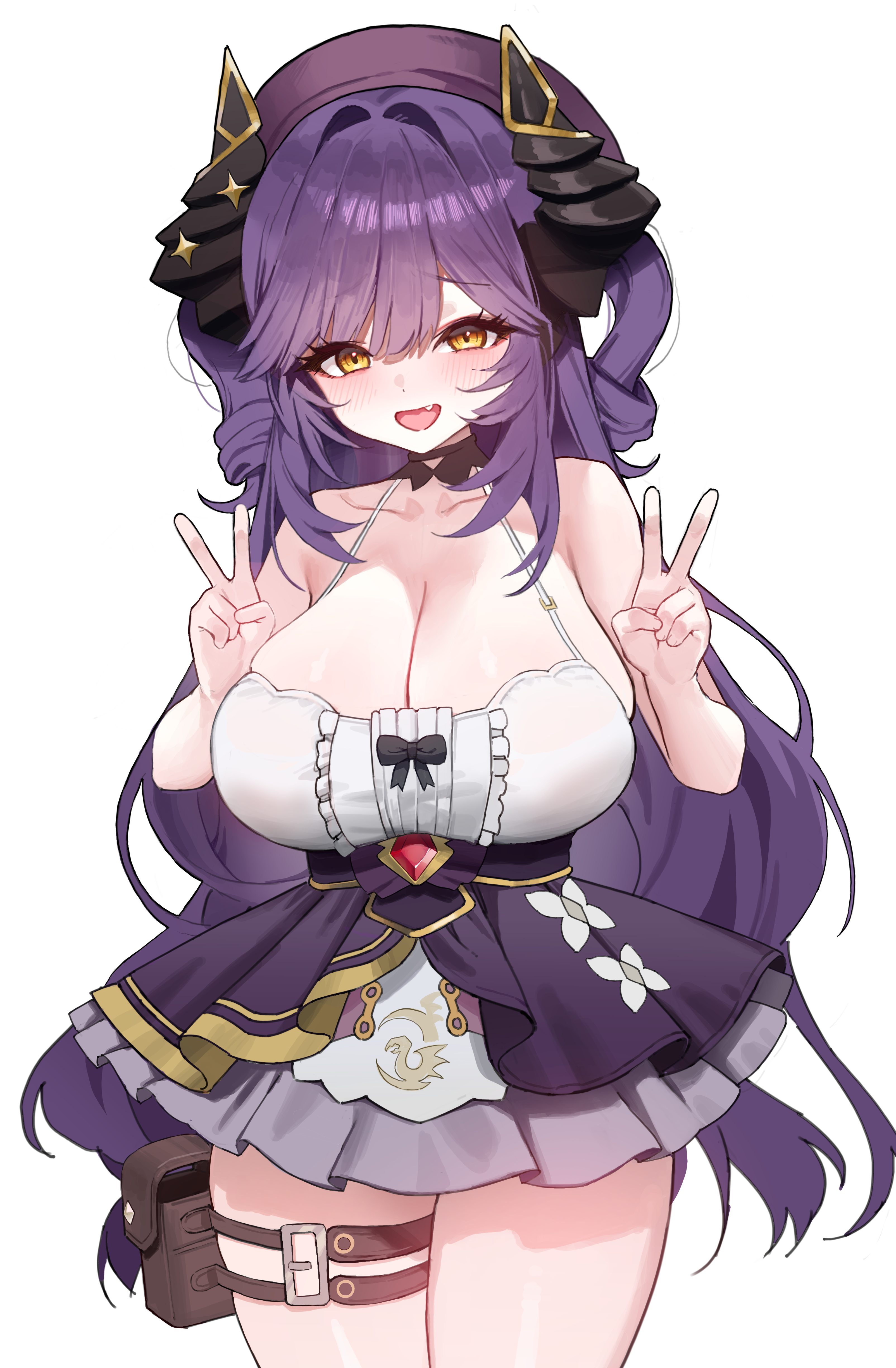 karas (10 9), stellive, absurdres, commentary, highres, symbol-only commentary, 1girl, bare shoulders, belt, black bow, black horns, blush, bow, breasts, cleavage, collarbone, double v, dragon girl, dragon horns, fang, gem, gold trim, hair between eyes, hair intakes, hands up, horns, large breasts, long hair, looking at viewer, open mouth, pouch, purple hair, purple skirt, red gemstone, sakihane huya, shirt, shirt bow, simple background, skirt, sleeveless, smile, solo, standing, thigh belt, thigh pouch, thigh strap, thighs, v, very long hair, virtual youtuber, white background, white shirt, yellow eyes