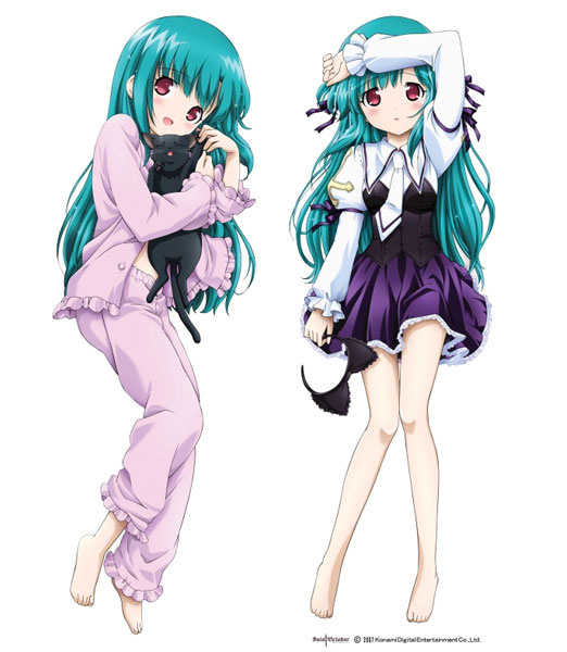 hayama kotono, saint october, 00s, 2girls, aqua hair, barefoot, blush, cat, dakimakura (medium), feet, frills, hairband, long hair, multiple girls, multiple views, pajamas, red eyes