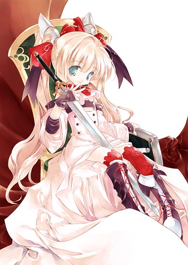 pen (pen3), sumi keiichi, original, aqua eyes, blonde hair, long hair, sitting, solo, sword, thighhighs, twintails, weapon