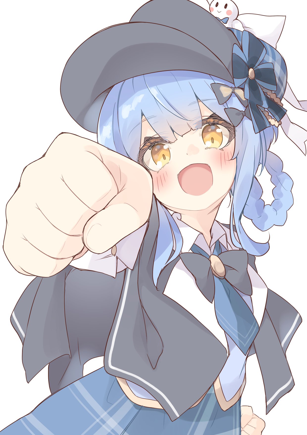 peko pekon, tachibana sherry, mahou shoujo no majo saiban, highres, 1girl, bird hat ornament, black capelet, blue hair, blue necktie, blue skirt, braid, braided hair rings, capelet, clenched hand, deerstalker, hair rings, hat, looking at viewer, magical girl, necktie, open mouth, plaid clothes, plaid skirt, punching, simple background, skirt, solo, white background, yellow eyes