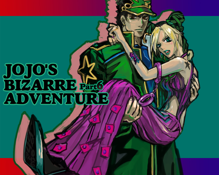 bonocho, kuujou jolyne, kuujou joutarou, jojo no kimyou na bouken, stone ocean, 1boy, 1girl, age difference, aqua eyes, birthmark, black hair, blonde hair, breasts, brown eyes, carrying, cuffs, double bun, earrings, father and daughter, gakuran, green hair, green lips, handcuffs, hat, holding, jewelry, lipstick, long coat, makeup, medium breasts, midriff, multicolored hair, open mouth, pants, princess carry, school uniform, serafuku, shoes, sideboob, star (symbol), tattoo, two-tone hair