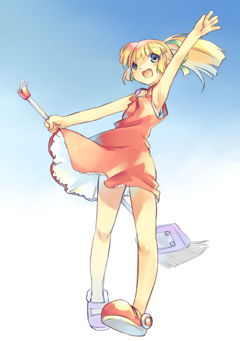 mikage sekizai, roll (mega man), capcom, mega man (classic), mega man (series), 1girl, armpits, blonde hair, blue eyes, broom, dress, female focus, ponytail, red skirt, skirt, solo