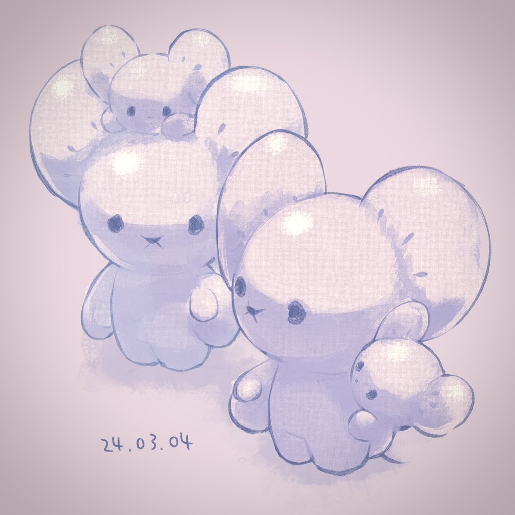 hotarubi (bugkhdu), maushold, maushold (family of four), nintendo, pokemon, dated, grey background, looking at another, no humans, pokemon (creature), white fur
