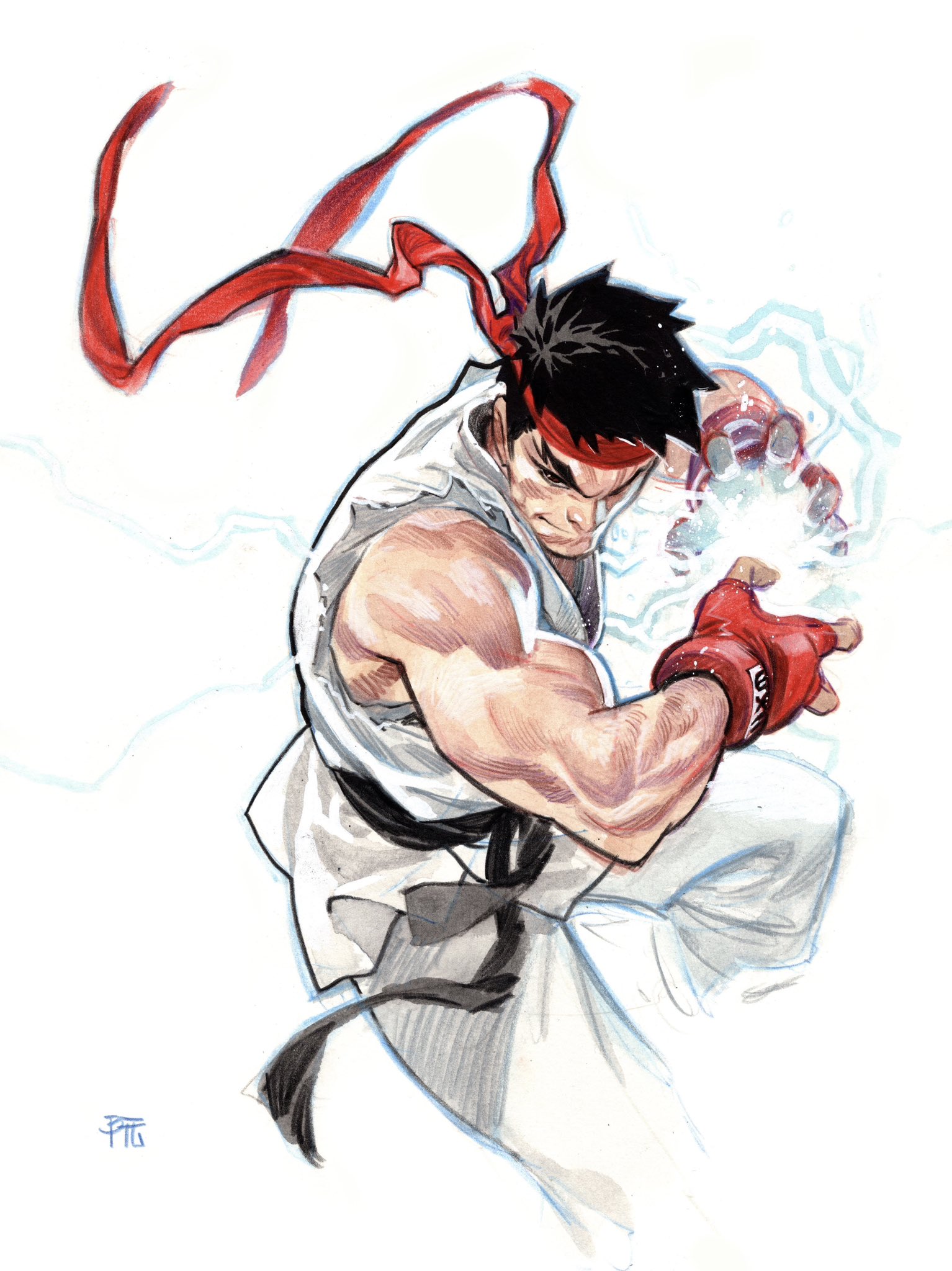 dike ruan, ryu (street fighter), street fighter, commentary, english commentary, highres, 1boy, arms up, belt, black belt, black eyes, black hair, closed mouth, cropped legs, dougi, fingerless gloves, gloves, hadouken, headband, looking to the side, male focus, pants, red gloves, red headband, short hair, sideways glance, sleeveless, smile, solo, torn clothes, torn sleeves, white background, white dougi, white pants