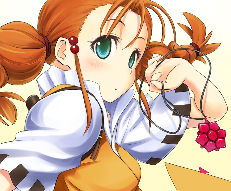 toshiya, kameo (gunxsword), wendy garrett, gunxsword, 1girl, blush, braid, female focus, green eyes, hair bobbles, hair ornament, jewelry, long hair, necklace, orange hair, solo, turtle, twin braids