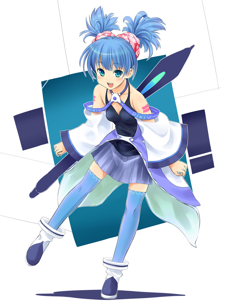 toshiya, pixiv-tan, pixiv, 1girl, :d, bare shoulders, blue eyes, blue thighhighs, detached sleeves, female focus, full body, looking at viewer, mechanical wings, open mouth, smile, solo, tattoo, thighhighs, twintails, wings, zettai ryouiki