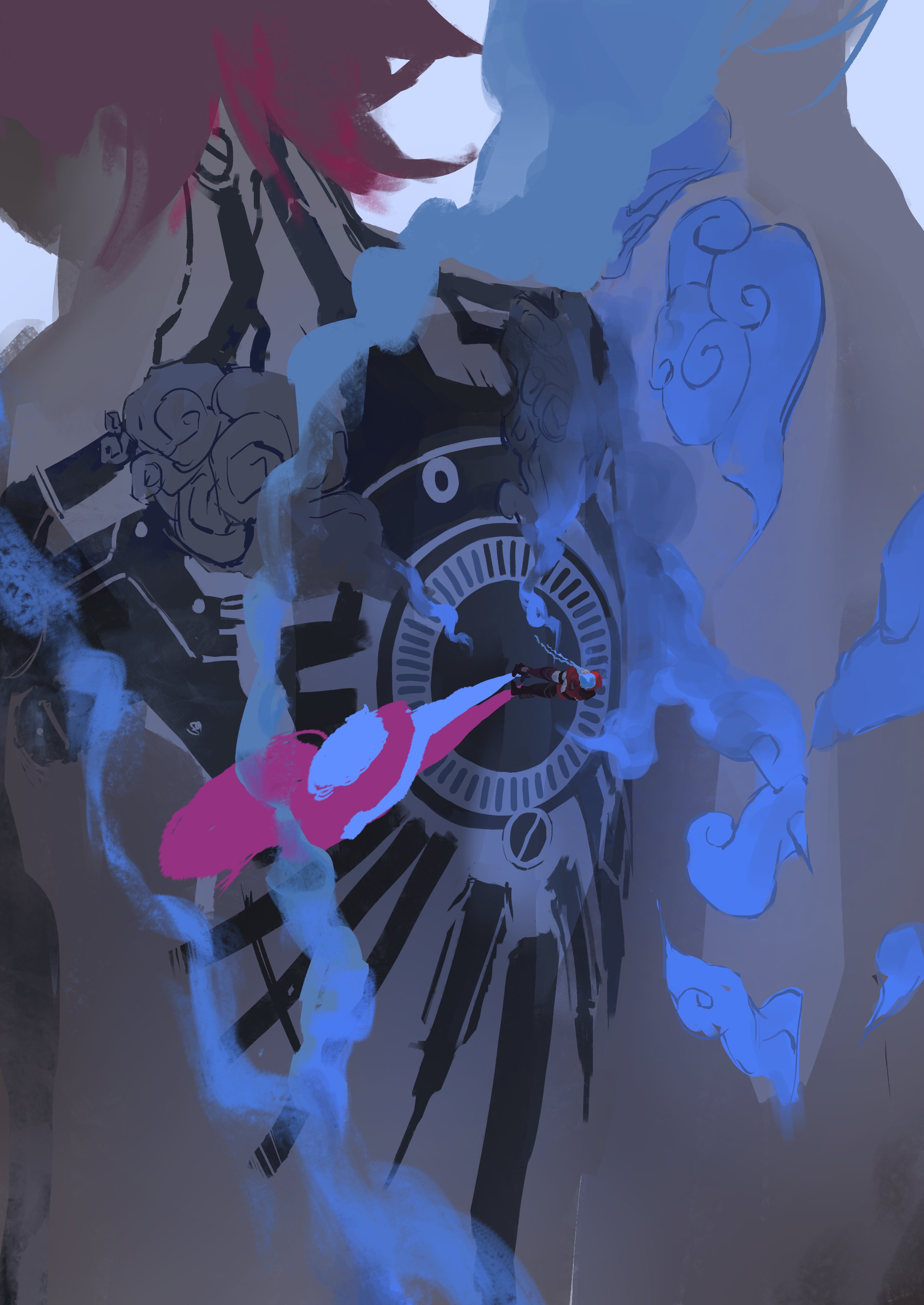 heartvify, arcane jinx, arcane vi, jinx (league of legends), vi (league of legends), arcane: league of legends, league of legends, absurdres, highres, 2girls, back, back tattoo, blue hair, colored smoke, hug, jacket, long hair, multiple girls, pink hair, red hair, red jacket, shadow, siblings, sisters, smoke, standing, tattoo