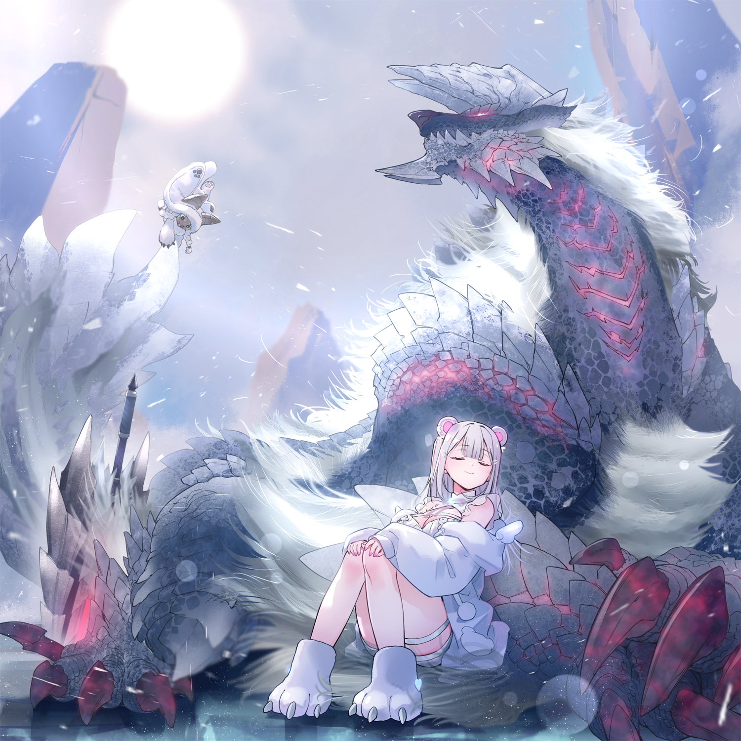 fuse ryuuta, zinogre, indie virtual youtuber, monster hunter (series), commission, highres, skeb commission, 1girl, animal ears, bear ears, breasts, chin spike, claws, cleavage, closed eyes, grey scales, grey sky, horns, jacket, long hair, long sleeves, monster, off shoulder, outdoors, paw shoes, scales, shirokuma hakua, sitting, sky, sun, virtual youtuber, white hair, white jacket