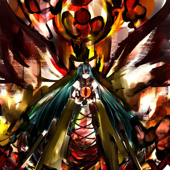 tomasu, tsurukame, reiuji utsuho, touhou, 1girl, abstract background, black hair, black wings, brooch, female focus, gem, jewelry, long hair, looking at viewer, red eyes, solo, standing, third eye, very long hair, wings