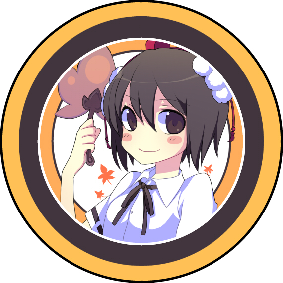 harano, shameimaru aya, touhou, 1girl, autumn leaves, black hair, black ribbon, blush, female focus, hat, holding, leaf, looking at viewer, pom pom (clothes), puffy short sleeves, puffy sleeves, ribbon, short hair, short sleeves, smile, solo, tokin hat, upper body