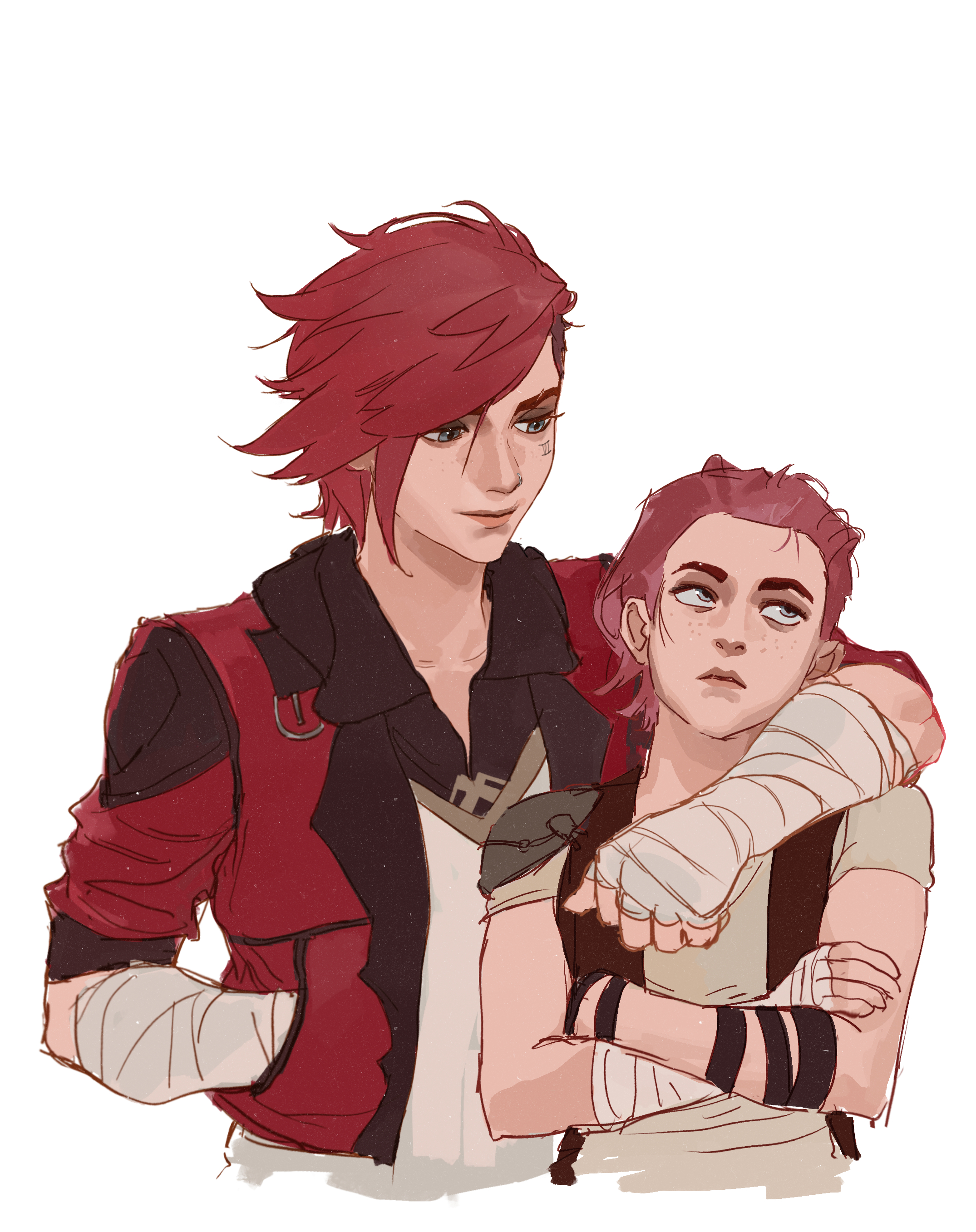 heartvify, arcane vi, vi (league of legends), arcane: league of legends, league of legends, absurdres, highres, 2girls, aged down, arm around shoulder, asymmetrical hair, bandaged hand, bandages, black shirt, closed mouth, cropped torso, crossed arms, facial tattoo, freckles, frown, grey eyes, hand in pocket, jacket, multiple girls, open clothes, open jacket, pink lips, red hair, red jacket, rolling eyes, shirt, short hair, smile, tattoo, white shirt