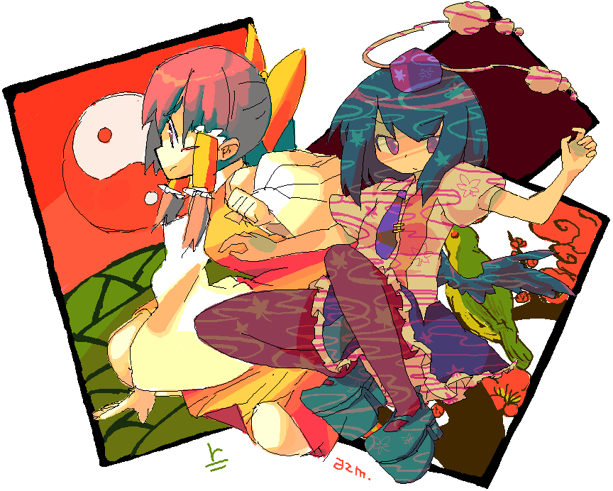 azuma seiji, hakurei reimu, shameimaru aya, touhou, 2girls, blue hair, brown hair, closed eyes, female focus, from side, hanafuda, hat, looking at viewer, multiple girls, sidelocks, tokin hat, yin yang