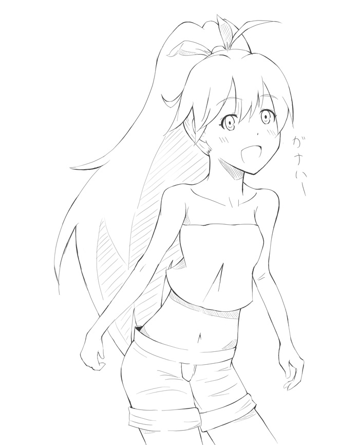 ganaha hibiki, idolmaster, idolmaster (classic), idolmaster 1, 00s, 1girl, bare shoulders, blush, female focus, greyscale, happy, long hair, midriff, monochrome, navel, open mouth, ponytail, short shorts, shorts, sketch, smile, solo, strapless