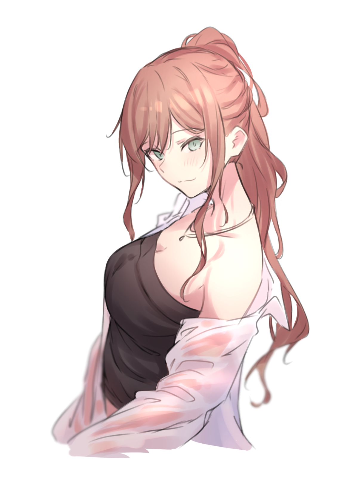 kanade (kanade 3344), imai lisa, bang dream!, commentary, highres, 1girl, black shirt, blush, breasts, brown hair, cleavage, closed mouth, green eyes, half updo, jacket, large breasts, long hair, looking at viewer, off shoulder, open clothes, open jacket, shirt, sidelocks, simple background, solo, strapless, strapless shirt, white background, white jacket