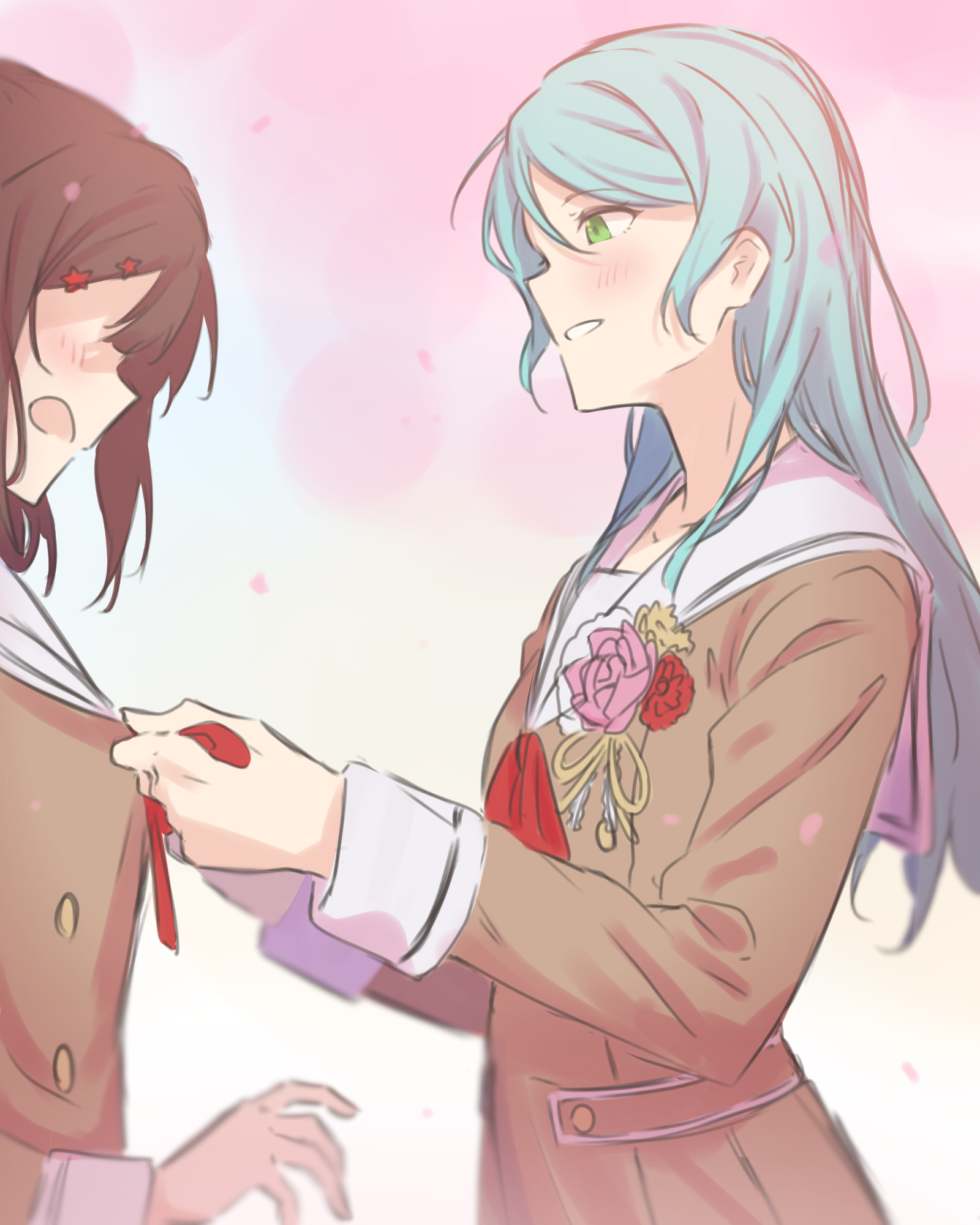 kanade (kanade 3344), hikawa sayo, toyama kasumi, bang dream!, commentary, highres, 2girls, aqua hair, black hair, blush, brooch, dress, flower brooch, green eyes, hanasakigawa school uniform, jewelry, long hair, long sleeves, multiple girls, open mouth, pleated dress, red ribbon, ribbon, sailor collar, sailor dress, school uniform, tying ribbon, white sailor collar