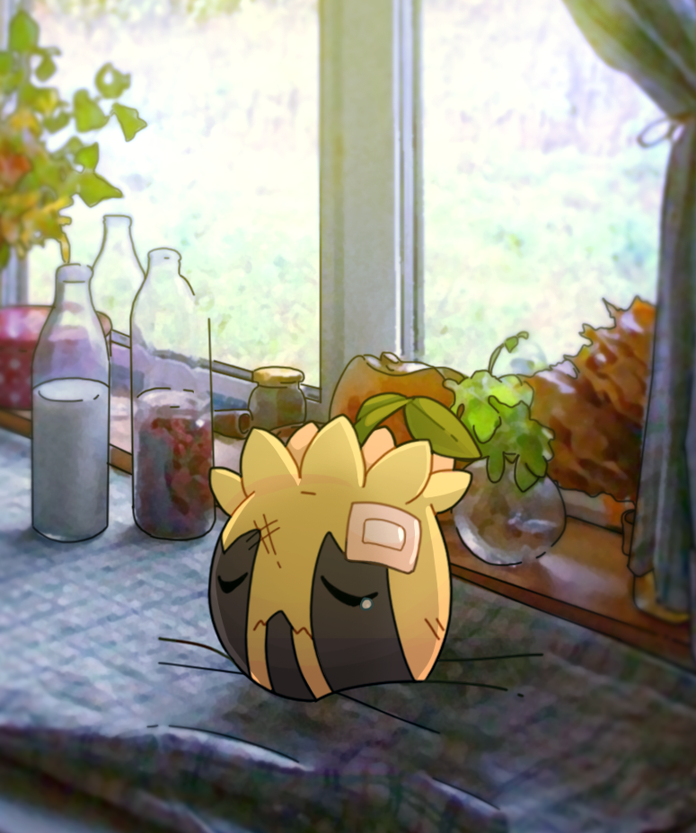 sunkern, nintendo, pokemon, bandaid, bottle, closed eyes, gen 2 pokemon, no humans, plant, pokemon (creature), pokemonranch, solo, window