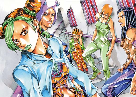 mahito (tranjistor), tranjistor, ermes costello, foo fighters (jojo), gwess, kuujou jolyne, weather report, jojo no kimyou na bouken, stone ocean, 1boy, 4girls, bare shoulders, blue eyes, blue hair, braid, brown eyes, double bun, dreadlocks, green eyes, green lips, hair bun, hat, lipstick, makeup, midriff, multicolored hair, multiple girls, orange hair, overalls, prison, red hair, sitting, sleeveless, stairs, standing