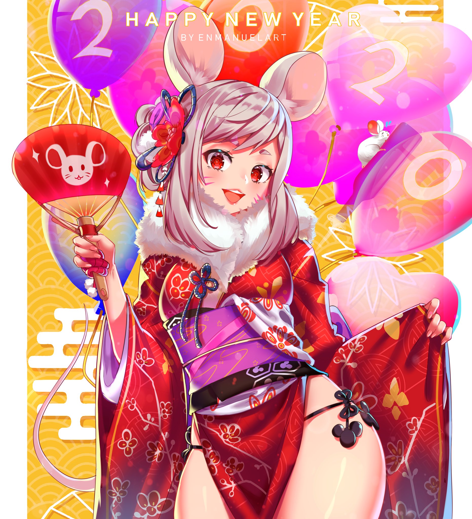 enma (enmanuelart), original, commentary, english commentary, highres, 1girl, 2020, animal ears, artist name, balloon, black panties, blush, border, cowboy shot, eyelashes, floral print, floral print kimono, flower, fur-trimmed kimono, fur trim, hair flower, hair ornament, hand fan, happy new year, holding, holding fan, japanese clothes, kimono, looking at viewer, medium hair, mouse (animal), mouse ears, mouse girl, mouse print, mouse tail, new year, open mouth, panties, pink hair, print kimono, purple sash, red eyes, red kimono, sash, solo, tail, teeth, thighs, tongue, underwear, upper teeth only, white border, wide sleeves, yellow background