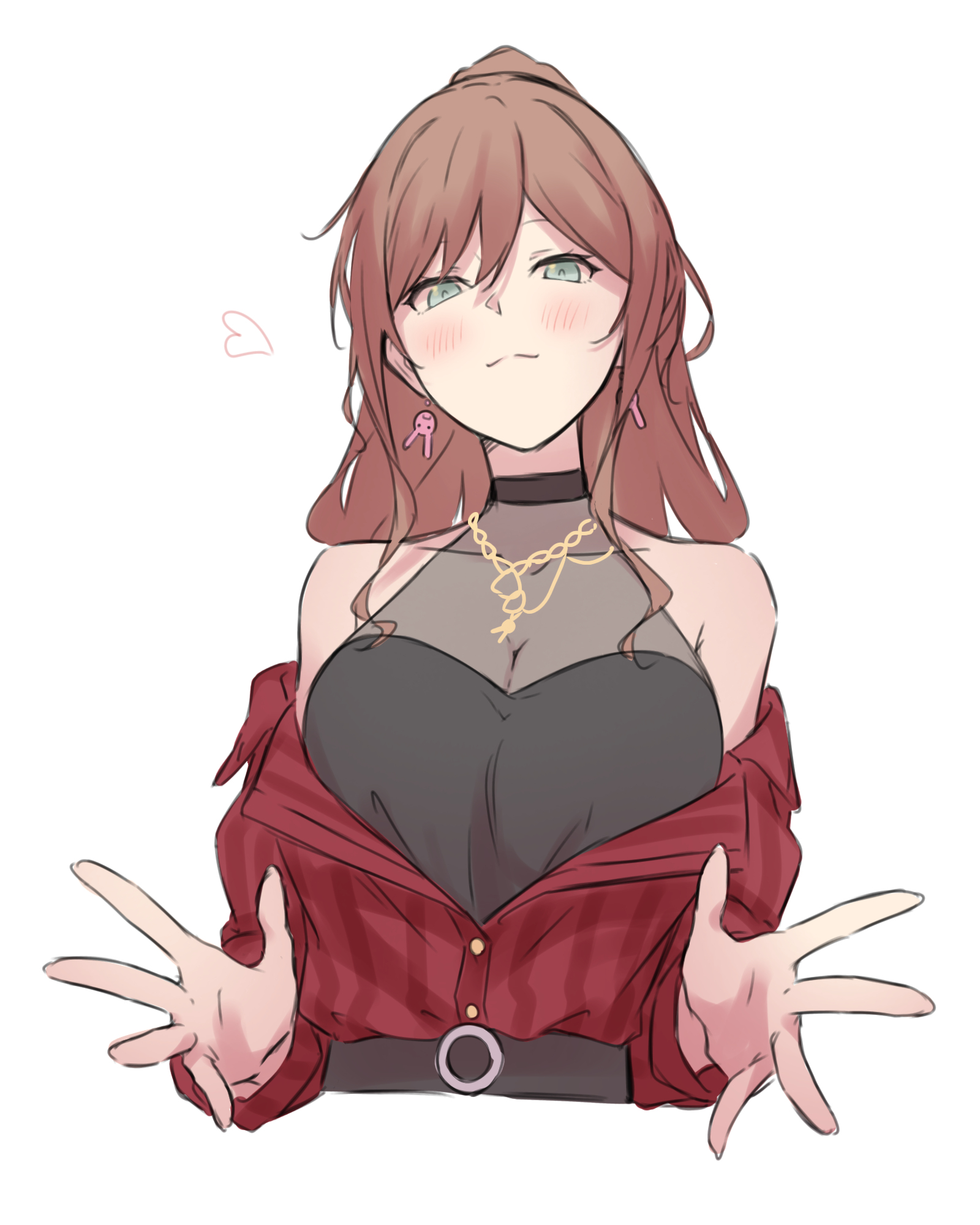 kanade (kanade 3344), imai lisa, bang dream!, commentary, highres, 1girl, :3, black dress, blush, breasts, covered collarbone, dress, earrings, green eyes, hair between eyes, halter dress, halterneck, head tilt, heart, jewelry, long hair, looking at viewer, off shoulder, open hands, plaid clothes, plaid shirt, rabbit earrings, red shirt, shirt, smile, solo, upper body, white background