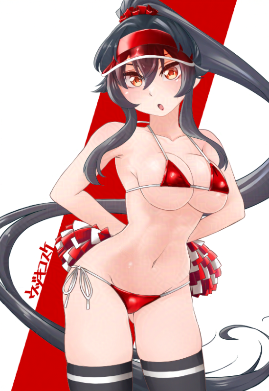 udukikosuke, yahagi (kancolle), kantai collection, 1girl, alternate costume, artist name, bikini, black hair, black thighhighs, breasts, collarbone, cowboy shot, holding, holding pom poms, large breasts, long hair, micro bikini, pom pom (cheerleading), pom poms, ponytail, red bikini, red eyes, red visor, solo, swimsuit, thighhighs, very long hair, visor cap