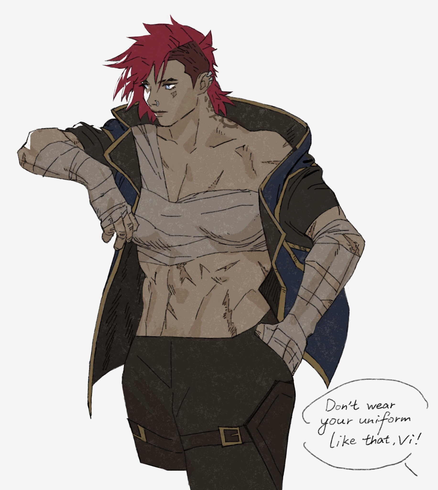 runhorserun, arcane vi, vi (league of legends), arcane: league of legends, league of legends, highres, 1girl, arm up, bandaged chest, bandaged hand, bandages, black pants, blue jacket, closed mouth, elbow rest, english text, eyebrow cut, face piercing, facial tattoo, grey eyes, hand in pocket, jacket, looking to the side, multiple scars, nose piercing, nose ring, open clothes, open jacket, out of frame, pants, piercing, red hair, scar, scar on arm, scar on chest, scar on stomach, short hair, simple background, sleeves rolled up, solo, speech bubble, talking, tattoo, undercut, white background