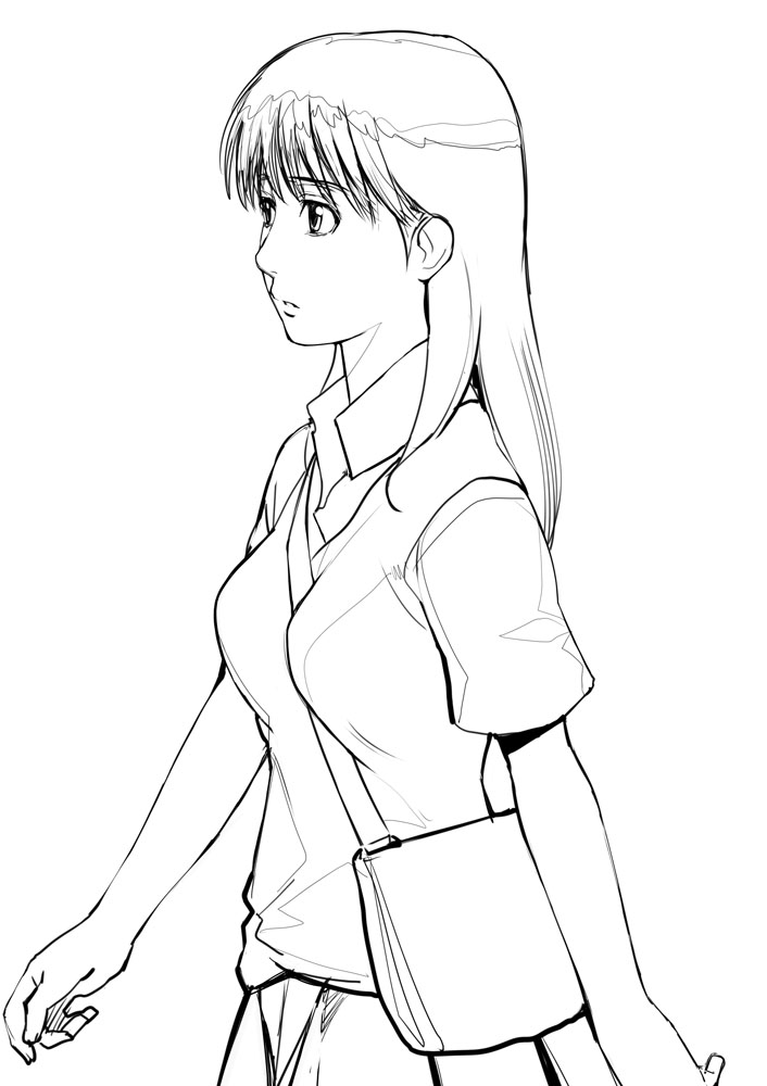 a1 (initial-g), original, looking away, 1girl, bag, breasts, expressionless, female focus, greyscale, long hair, monochrome, school uniform, simple background, small breasts, solo, vest, walking